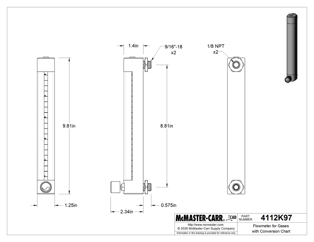 Technical Drawing of Flowmeter for Gas with Conversion Chart, Aluminum Fittings, 0 to 50 CC/min., 10" Overall Height.
